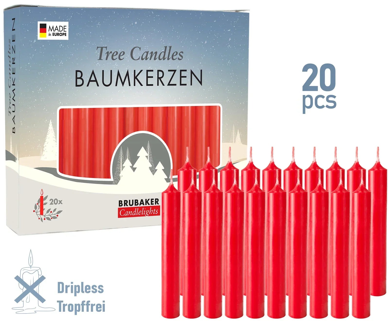 Tree Candles - Pack of 20 - 9.5 cm - Red